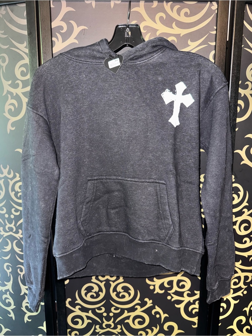 Fashion Nova Black Crewneck Hoodie with White Cross Graphic
